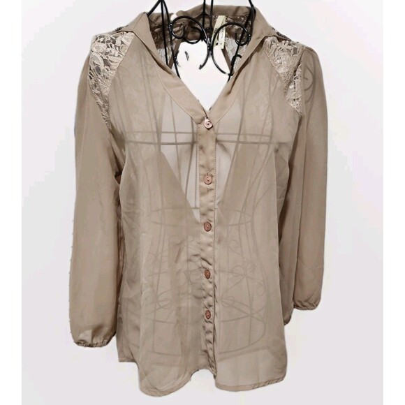 TRUTH NYC Top Womens Medium Brown Sheer Blouse 3/4 Sleeve Embroidered Open Back - Picture 1 of 14